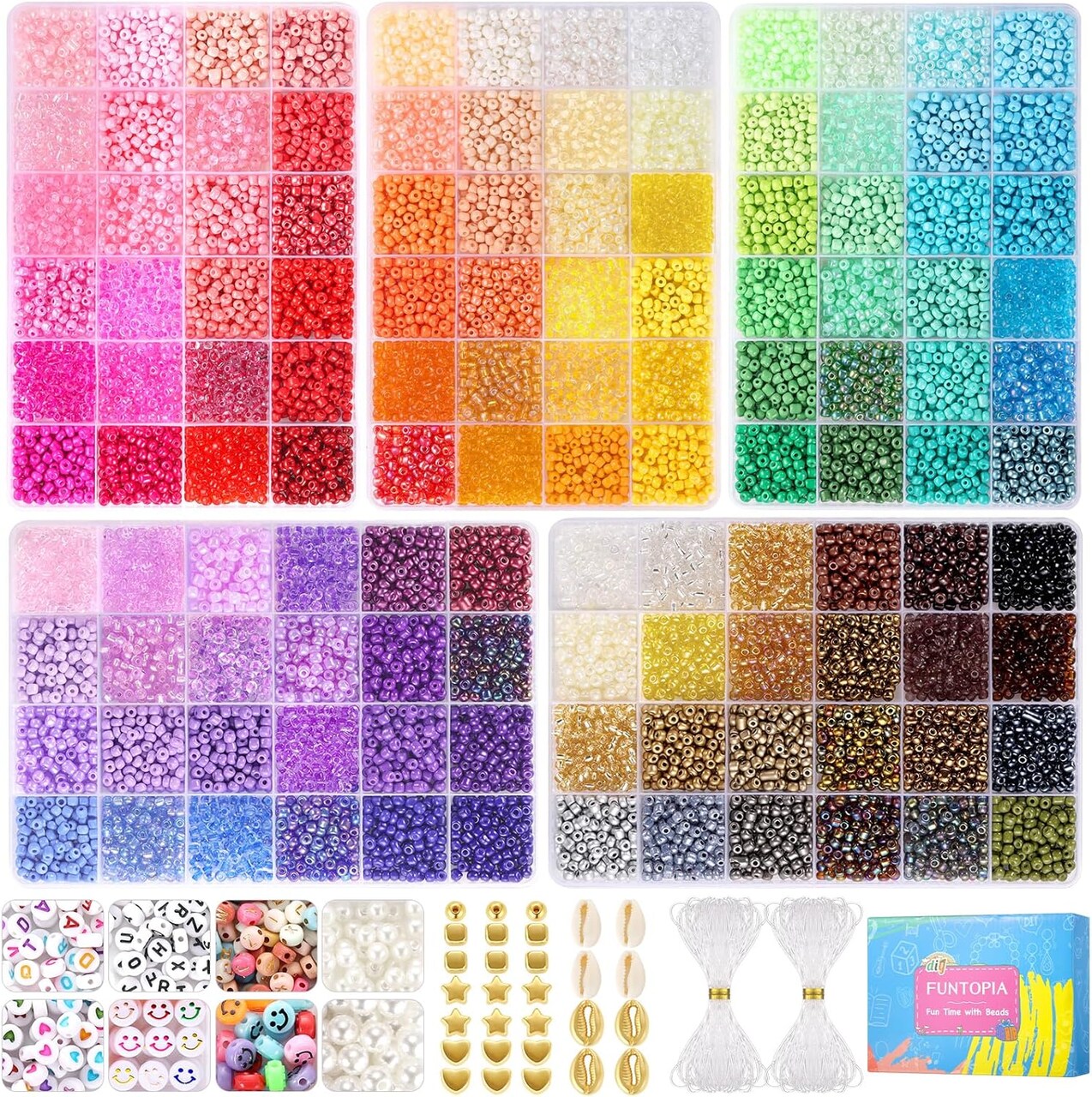 13000pcs+ Seed Beads for Jewelry Making, 120 Colors Small Glass Beads for Bracelets, Friendship Bracelet Kit with Alphabet Letter Beads Smile Face Beads for DIY, Art and Craft
